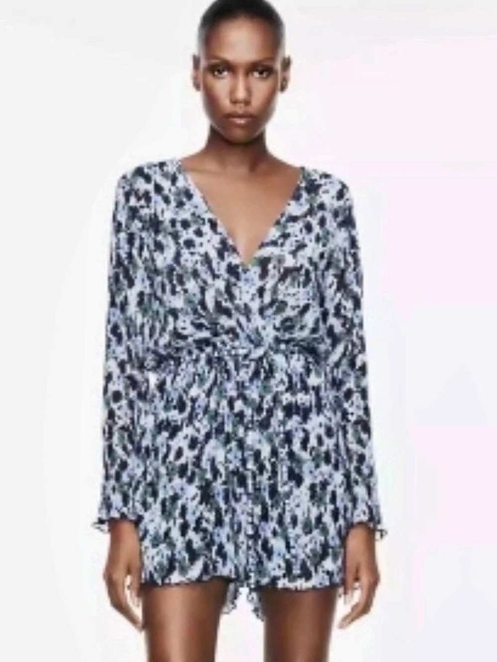 Zara Printed Pleated Jumpsuit Floral Long Sleeve Romper Blue & Green Medium